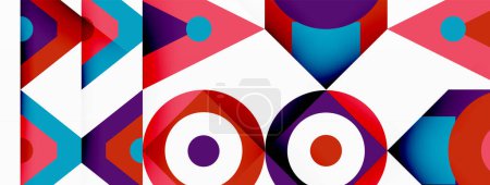 Téléchargez les illustrations : Un design textile géométrique vibrant avec des rectangles, des lignes, des flèches, des cercles, des triangles et une symétrie colorés sur un fond blanc avec des accents rouges et magenta - en licence libre de droit