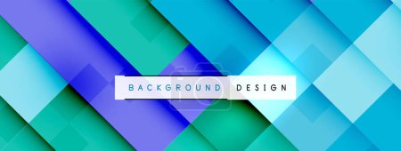 Illustration for The design features an electric blue and aqua background with a geometric pattern of squares, triangles, rectangles, and parallel lines in shades of violet, magenta, and azure - Royalty Free Image