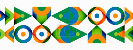Téléchargez les illustrations : Un motif géométrique vibrant composé de rectangles, de triangles, de cercles et de flèches, mettant en valeur la symétrie et la créativité dans l'art. Le design présente un mélange de teintes et de nuances sur un fond blanc - en licence libre de droit