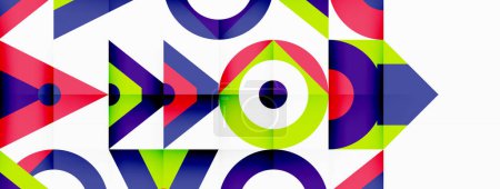 Ilustración de Un vibrante diseño textil artístico con patrones geométricos coloridos con flechas y círculos en púrpura, magenta y otros tonos audaces sobre un fondo blanco, mostrando simetría y creatividad - Imagen libre de derechos