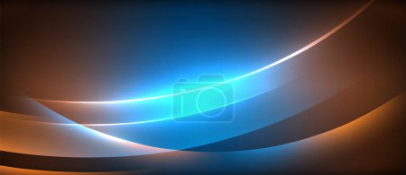 Illustration for A mesmerizing circle of blue and orange glowing waves shines against the dark backdrop, resembling an astronomical event in space. The lens flare adds an electric blue touch to the gas horizon - Royalty Free Image