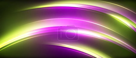 Illustration for A vibrant wave of purple and green colors swirl together on a dark backdrop, resembling the hues of liquid violet and magenta petals in water - Royalty Free Image