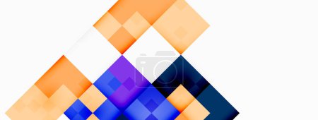 Téléchargez les illustrations : La colorité jaillit d'un triangle de carrés orange, violet et bleu électrique sur un rectangle blanc. Le motif crée la symétrie et l'art sur le plancher - en licence libre de droit