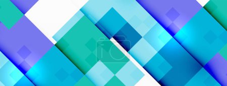 Ein weißer Hintergrund mit blauen und lila abstrakten Formen wie Quadraten und Dreiecken. Das Design umfasst Aquatöne und Farbtöne, elektrische blaue Akzente und Magenta-Muster