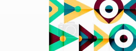 Téléchargez les illustrations : Un motif géométrique vibrant avec des triangles, des rectangles, des cercles et des flèches colorés dans des tons bleu électrique, créant un design artistique symétrique et créatif sur un fond blanc propre - en licence libre de droit