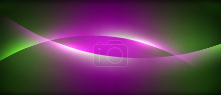 Illustration for A neon purple and electric blue wave floats on a black background, creating a mesmerizing blend of violet and magenta. The circle of gas shimmers with a lens flare effect - Royalty Free Image