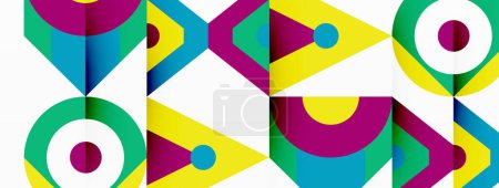 Illustration for A vibrant and symmetrical design featuring triangles and circles in magenta and other colors, set on a white background. This creative arts textile product showcases colorfulness and artistic flair - Royalty Free Image