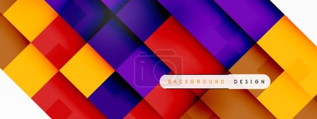 Illustration for A vibrant background featuring a geometric pattern of squares in shades of purple, pink, magenta, and violet. The design includes rectangles, triangles, and a tape measure element - Royalty Free Image