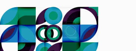 Téléchargez les illustrations : Un motif géométrique de cercles et de carrés dans des tons bleus et violets sur un fond blanc, créant une œuvre d'art symétrique avec des teintes et des nuances de magenta - en licence libre de droit