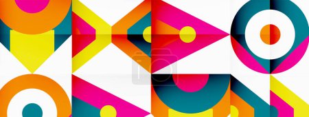 Téléchargez les illustrations : Un motif géométrique coloré avec des cercles et des triangles en symétrie sur fond blanc, mettant en valeur un mélange créatif de formes et de teintes - en licence libre de droit
