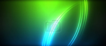 Ilustración de Un círculo brillante eléctrico azul y verde neón sobre un fondo oscuro, que se asemeja a una ola de líquido o gas, creando un efecto visual colorido iluminando los gráficos - Imagen libre de derechos