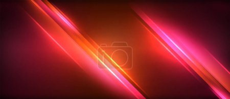 Automotive lighting inspired glowing red and orange lines against a dark sky, creating a stunning visual effect akin to lens flare. Shades of magenta and electric blue add a neon touch to the scene