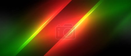 Ilustración de Una vibrante pantalla de color con una línea brillante roja, amarilla y verde sobre un fondo negro, que se asemeja a un efecto de destello de lente. Los tonos de neón de azul eléctrico y magenta se suman al impacto visual - Imagen libre de derechos