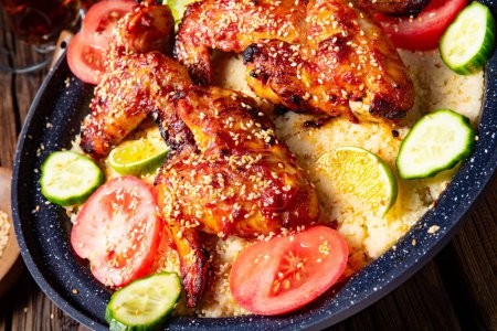 Téléchargez les photos : Couscous with fried chicken wings spicy - en image libre de droit