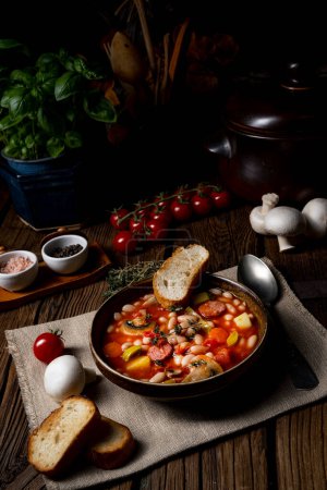 Photo for Rustic bean soup with potatoes and sausages - Royalty Free Image