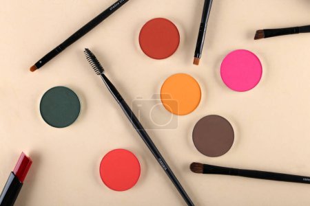 Photo for Set of decorative cosmetics on light colorful background - Royalty Free Image