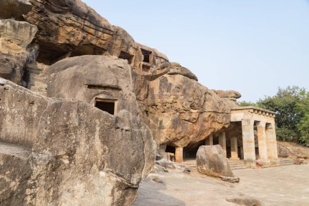 Photo for Rani Gumpha or cave of the queen"in udayagiri and khandagiri Caves bhubaneswar odisha India. Rani gumpha is a rock-cut two storied cave and it was built in the 2nd century BC by king kharavela. - Royalty Free Image