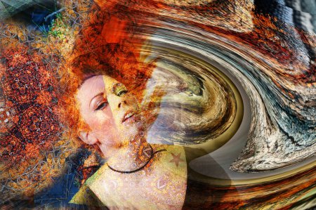 Photo for Creative portrait of a Woman with red hair shot in studio. A background was mixed with the original picture in postproduction - Royalty Free Image