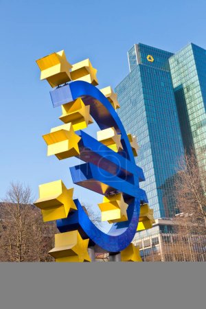 Photo for Frankfurt, Germany - February 11, 2012: Giant Euro Sign with protest camp of the Occupy Frankfurt movement at the European Central Bank - Royalty Free Image