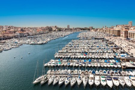 Photo for Marseille, France -March 29, 2015: Aerial panoramic view on old port in Marseille, France - Royalty Free Image