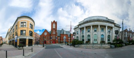 Photo for PITTSFIELD, USA - SEP 22, 2017:  view to historic building, city hall   and methodist church in Pittsfield. - Royalty Free Image