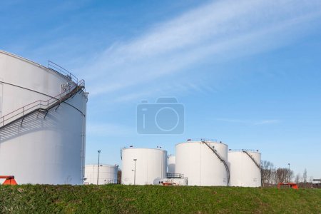 Téléchargez les photos : Réservoirs blancs pour l'essence et l'huile dans le parc de réservoirs avec ciel bleu - en image libre de droit