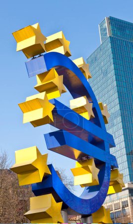 Photo for Frankfurt, Germany - February 11, 2012: Giant Euro Sign with protest camp of the Occupy Frankfurt movement at the European Central Bank - Royalty Free Image