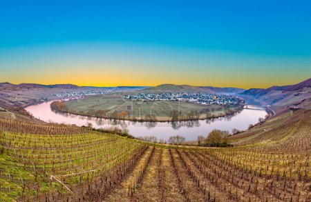Photo for Scenic moselle river loop with village Trittenheim seen from Leiwen, Germany - Royalty Free Image