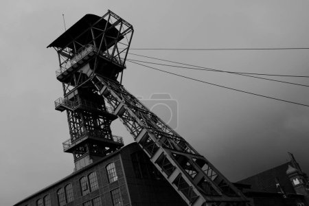 Photo for Tower of Zeche Zollern in black and white.. It is a decommissioned hard coal mine complex in the northwest of Dortmund city in Germany. - Royalty Free Image
