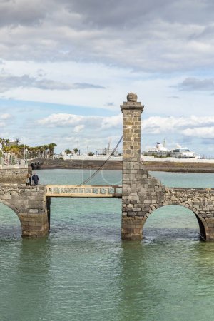 Photo for Historic draw bridge leading to San Gabriel Castle, Arrecife, capital city of Lanzarote, Canary Islands, Spain - Royalty Free Image