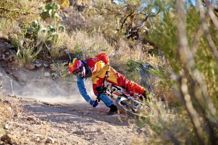Foto de Tuscon, USA - November 11, 2011: downhill bike ride in Tuscon, USA. There are around 1,000 bicycle related deaths in the United States each year, 75% of which are due to head injuries. - Imagen libre de derechos