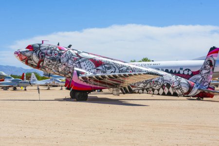 Foto de Tucson, USA - June 13, 2012: Douglas C-54Q Skymaster at the Pima Air and space Museum in Tuscon, painted as Time Flies By, artwork created by Eric Firestone and How and Nosm. - Imagen libre de derechos