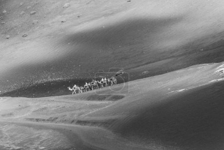 Foto de Turistas en un safari en camello en el Parque Nacional de Timanfaya en Yaiza, España. Pasear en camello en Timanfaya es una visita obligada para los turistas. - Imagen libre de derechos