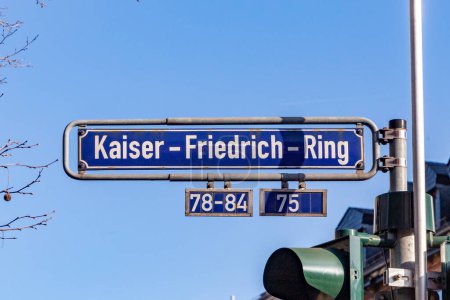 Photo for Old enamel street name sign Kaiser Friedrich Ring - engl:  King Frederic circle - in Wiesbaden, Germany. - Royalty Free Image