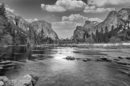 Photo for Beautiful view in Yosemite valley with half dome and el capitan in winter from merced river - Royalty Free Image