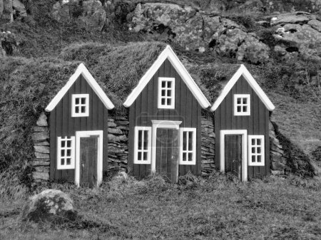 Téléchargez les photos : Typique avec toit couvert de mousse d'une maison en Islande pour l'isolement de la froideur - en image libre de droit