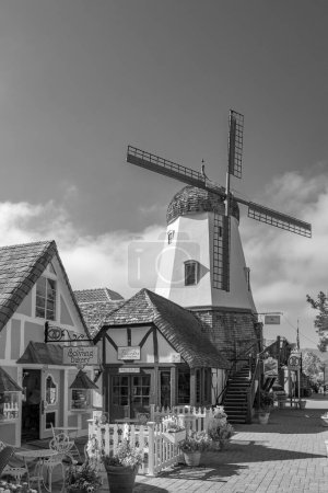 Photo for Solvang, California, USA - APRIL 22, 2019: old wind mill in Solvang historic downtown, Santa Ynez Valley in Santa Barbara County. A Danish Village is a popular tourist attraction. - Royalty Free Image