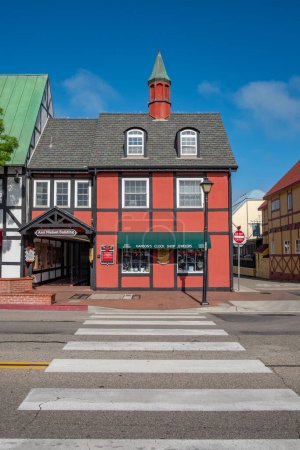 Photo for Solvang, California, USA - APRIL 22, 2019: old Main street in Solvang historic downtown, Santa Ynez Valley in Santa Barbara County. A Danish Village is a popular tourist attraction. - Royalty Free Image