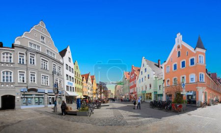 Photo for Ingolstadt, Germany - April 6, 2019: view to old town of Ingolstadt with half timbered historic houses downtown and beautiful renovated facades. - Royalty Free Image