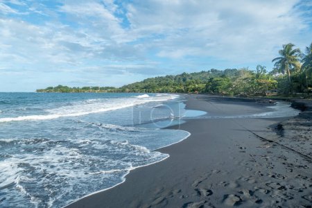 Téléchargez les photos : Plage noire pittoresque près de Pavones au Costa Rica avec forêt tropicale intacte - en image libre de droit