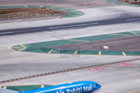 Photo for Los Angeles, USA - June 29, 2012: aerial of touch down of Air Tahiti Nui Airline in Loas Angeles international airport. - Royalty Free Image