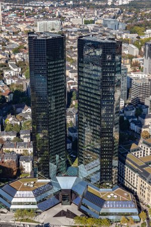 Photo for Frankfurt, Germany - October 1, 2011: aerial of Frankfurt am Main with skyscraper and view to headquarter of Deutsche Bank - engl: german bank. - Royalty Free Image