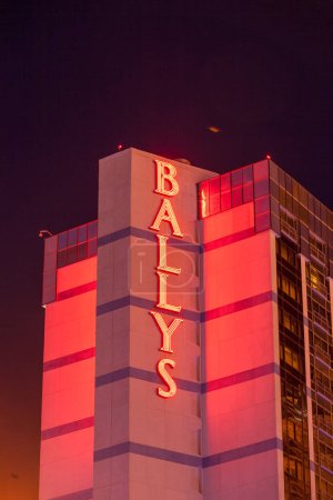 Photo for Las Vegas, USA - June 15, 2012: logo of Ballys casino and restautant at the facade of the casino at Las Vegas strip. - Royalty Free Image