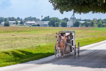 Foto de LANCASTER, Estados Unidos - 13 de julio de 2010: la gente amish monta en sus carritos de caballos en Lancaster, Estados Unidos. Los amish no usan tanto la electricidad como los autos. Viven a la manera tradicional del siglo XVII
. - Imagen libre de derechos