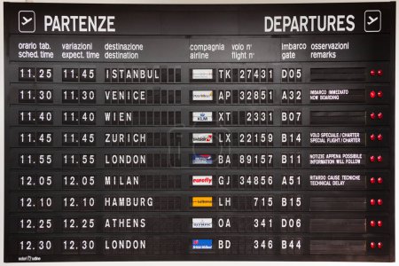 Photo for New York, USA - July 10, 2010: old departure board with flights in english and italian as design object. - Royalty Free Image