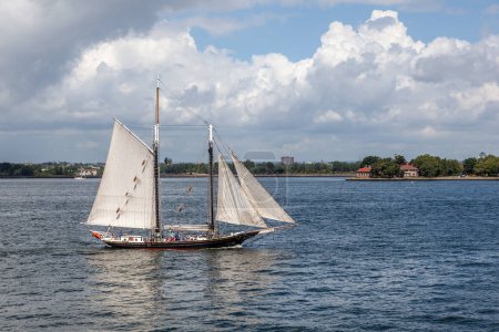 Foto de Nueva York, EE.UU. - 9 de julio de 2010: antiguos cruceros pioneros de veleros históricos en la isla Ellis en Nueva York en el río Hudson. - Imagen libre de derechos