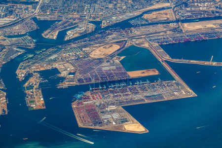 Photo for Aerial view to harbor aerea San Pedro, terminal Island for big ships, USA - Royalty Free Image