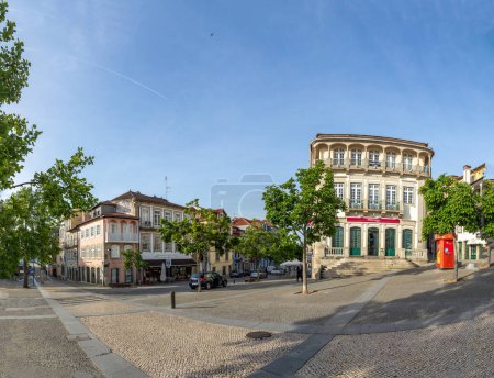 Photo for Chaves, Portugal - May 2, 2023: Building of the former branch of the Sotto Mayor Bank in Largo do Arrabalde in Chaves at Santa Maria Maior square. - Royalty Free Image