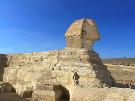 Photo for Full profile of Great Sphinx including pyramid in the background on a clear sunny, blue sky day in Giza, Cairo, Egypt with no people - Royalty Free Image