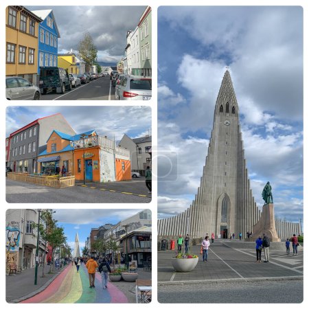 Téléchargez les photos : Reykjavik, Islande - 14 juillet 2023 : collection de vues différentes sur les monuments du centre de Reykjavik, Islande - en image libre de droit